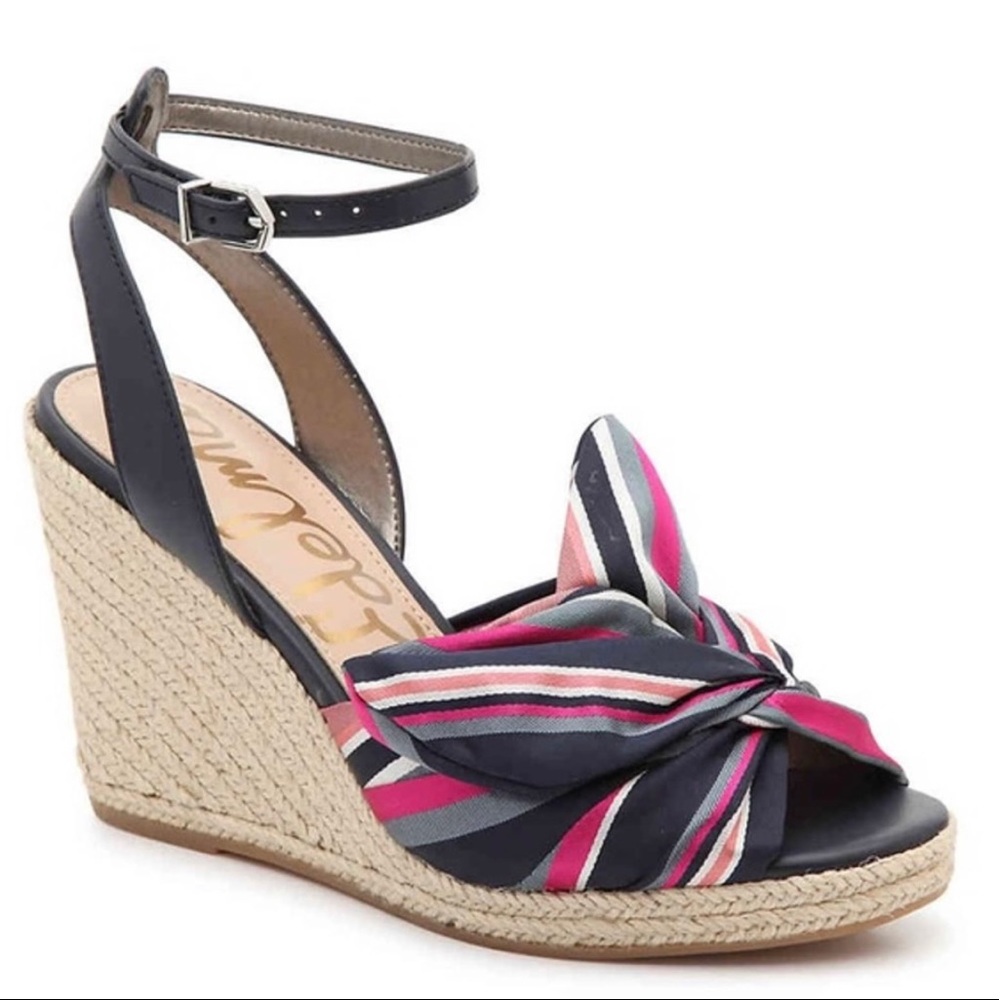 Sam Edelman Shoes Wedge Heels Aubrey Bow Stripe 6.5 Hot Pink Espadrille Peep Toe